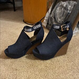 GUESS Navy Denim Peep-Toe Wedge Sandals with Logo Ankle Strap